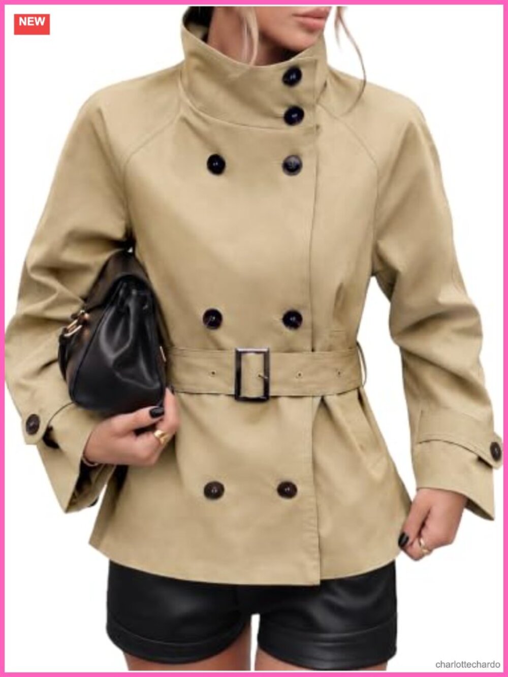 ELLEVEN Womens Cropped Trench Coat Funnel Neck Belted Fall Jacket